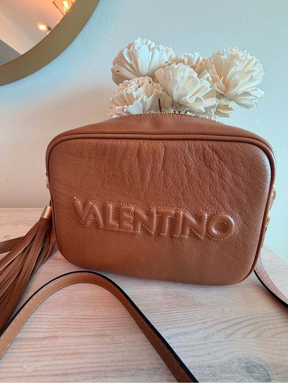 Valentino Tan Leather Crossbody Bag with Tassel